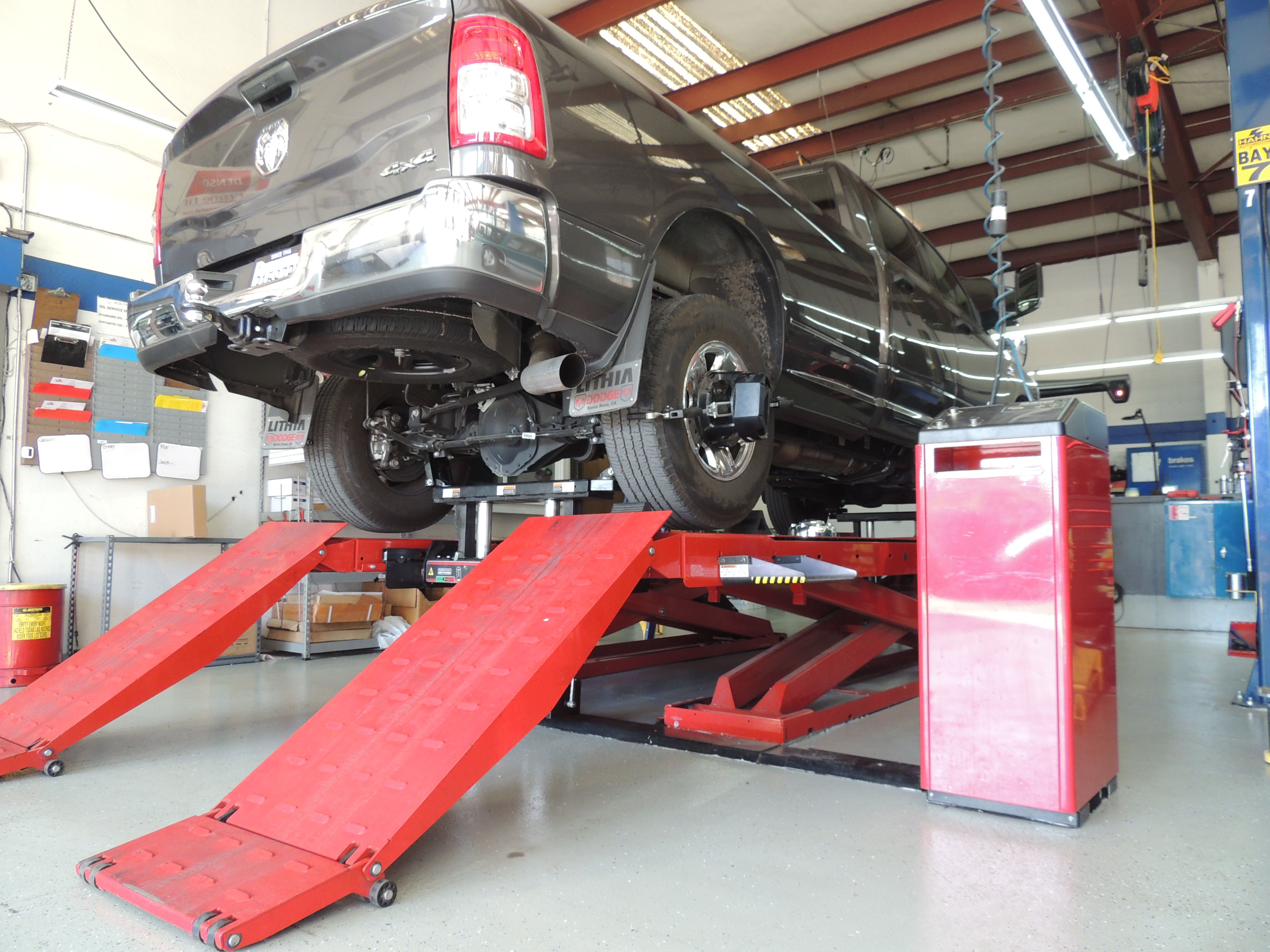 Vehicle on lift at Hahn Automotive, Santa Rosa CA